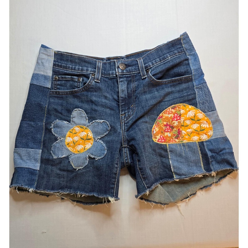 Upcycled Levis Patchwork Denim Shorts Blue Floral Mushroom Embellished Size 30
